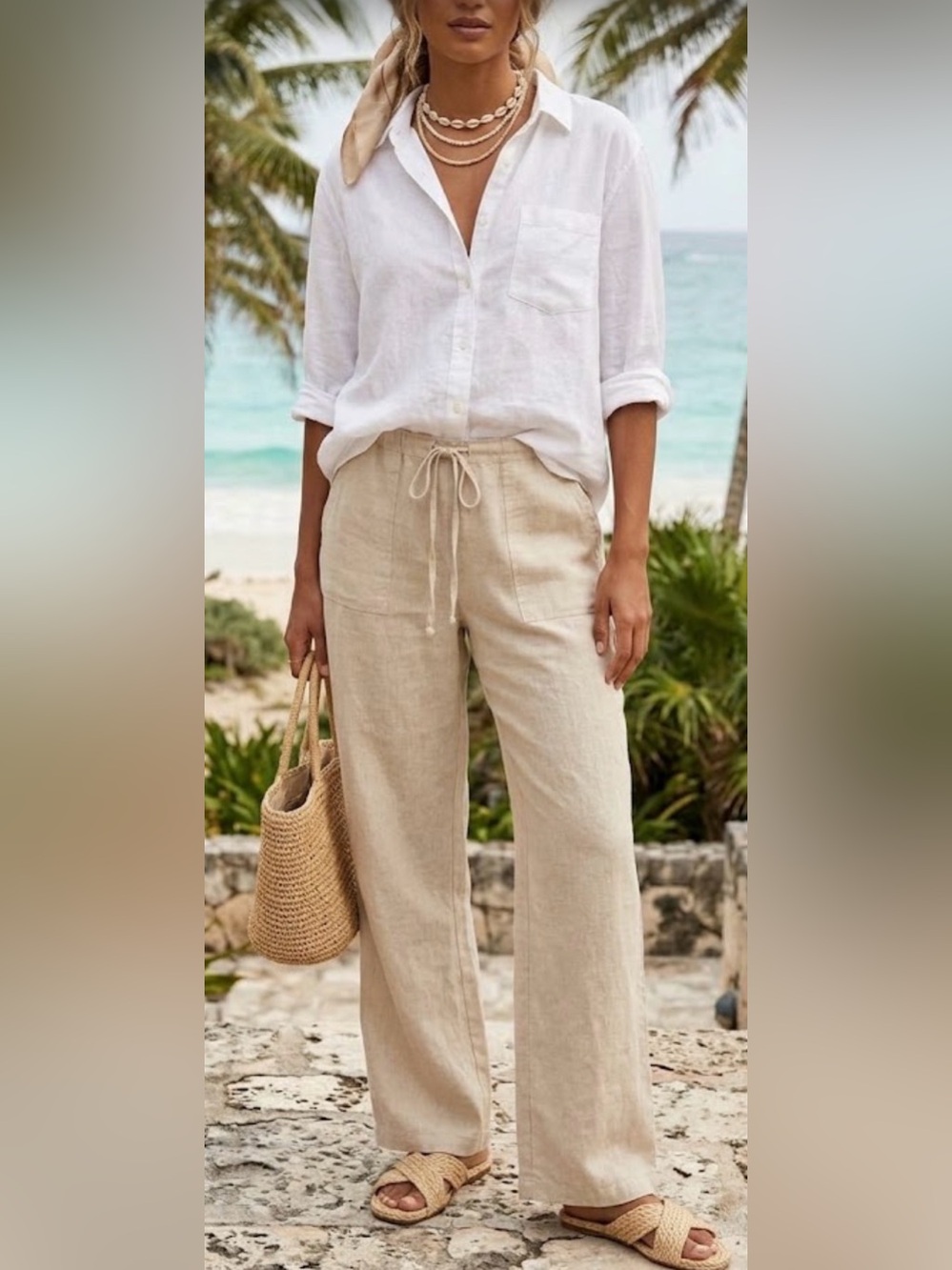 London Jean Chino Linen Straight Leg Pants neutral coastal beach beach